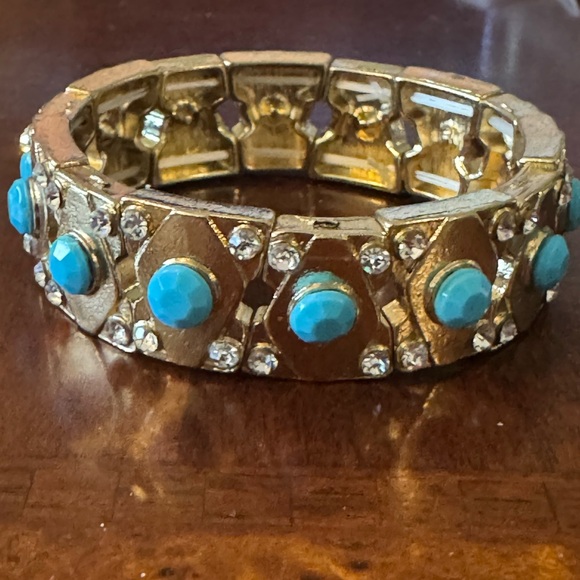 Turquoise Color Cabochon Beads, rhinestone crystal Gold color stretch bracelet - Picture 8 of 9
